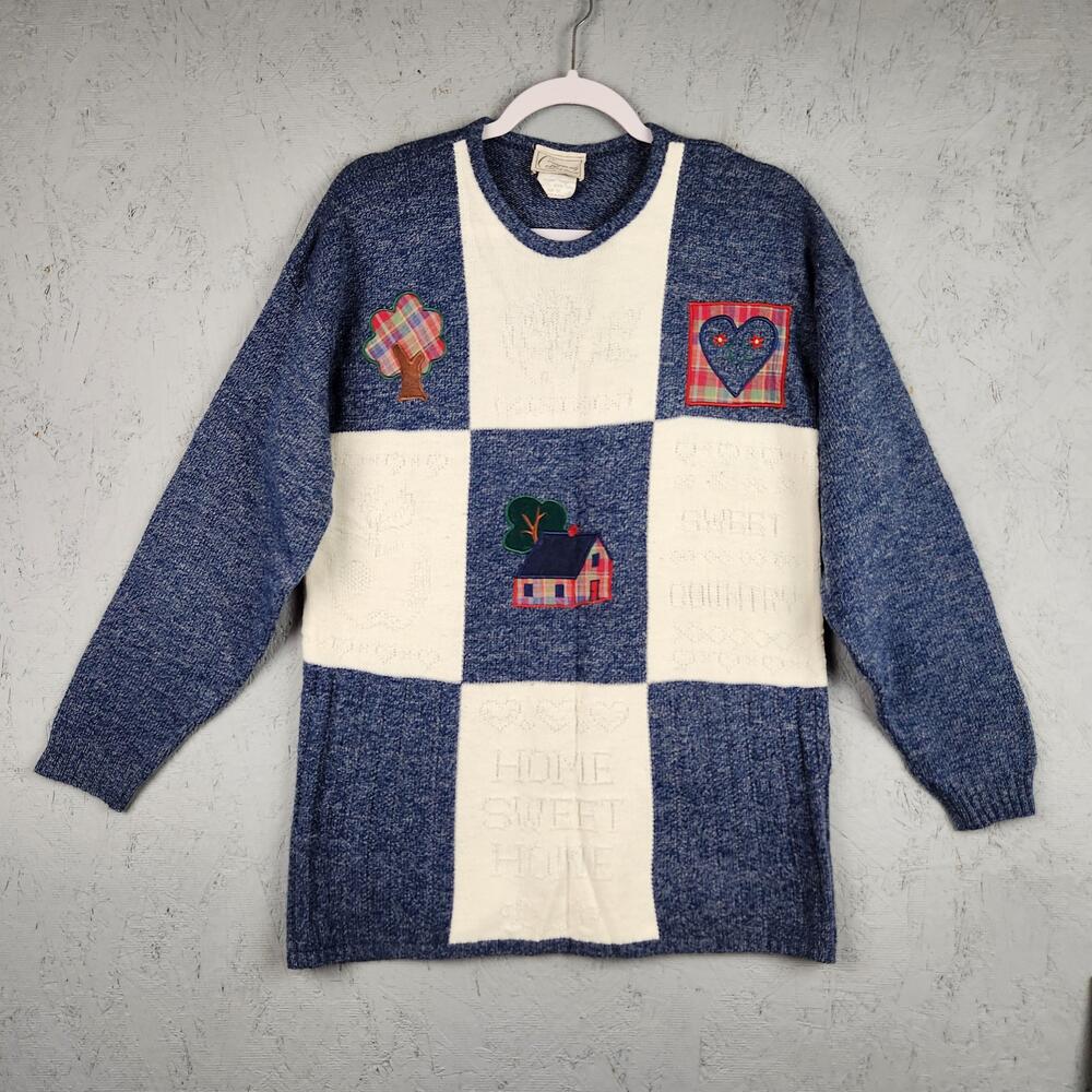 Vintage Patchwork Sweater Womens Medium Home Sweet Home Country USA 90s Grandma